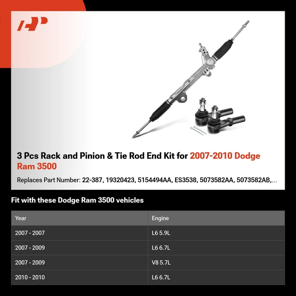 3 Pcs Rack and Pinion & Tie Rod End Kit for 2007-2010 Dodge Ram 3500