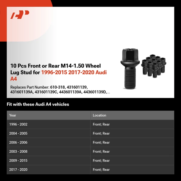 10 Pcs Front or Rear M14-1.50 Wheel Lug Stud for 1996-2015 2017-2020 Audi A4