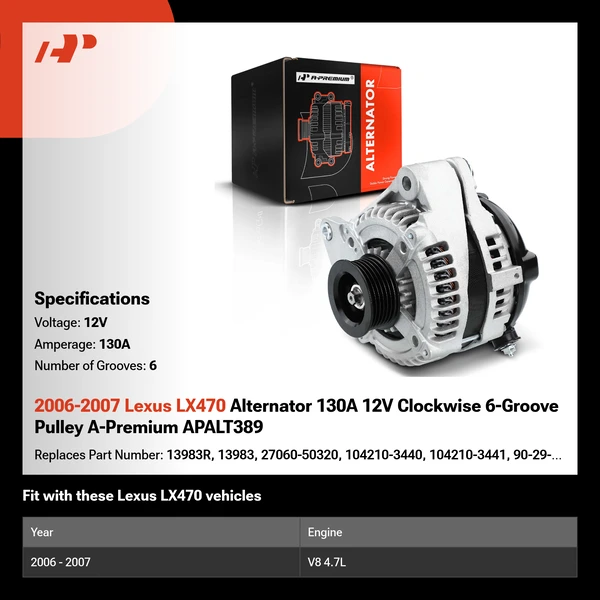 2006-2007 Lexus LX470 Alternator 130A 12V Clockwise 6-Groove Pulley A-Premium APALT389