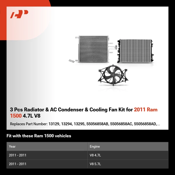 3 Pcs Radiator & AC Condenser & Cooling Fan Kit for 2011 Ram 1500 4.7L V8
