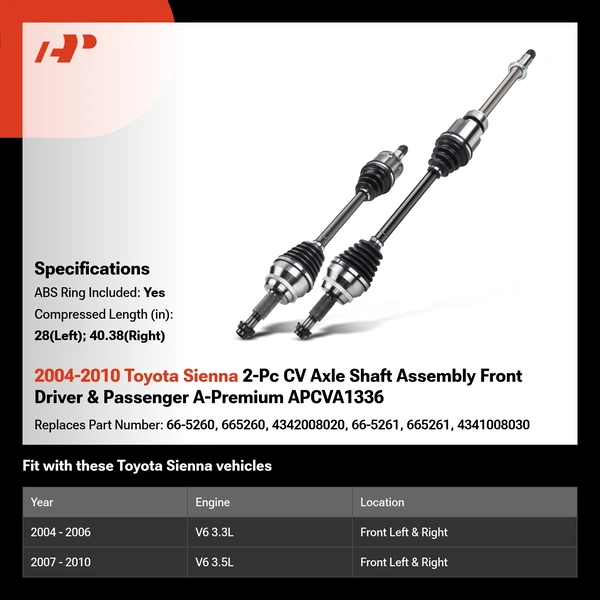 2004-2010 Toyota Sienna 2-Pc CV Axle Shaft Assembly Front Driver & Passenger A-Premium APCVA1336