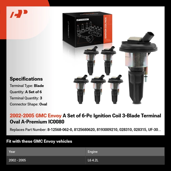 2002-2005 GMC Envoy A Set of 6-Pc Ignition Coil 3-Blade Terminal Oval A-Premium IC0080