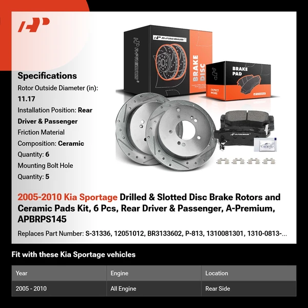 2005-2010 Kia Sportage Drilled & Slotted Disc Brake Rotors and Ceramic Pads Kit, 6 Pcs, Rear Driver & Passenger, A-Premium, APBRPS145