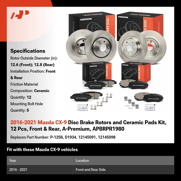 2016-2021 Mazda CX-9 Disc Brake Rotors and Ceramic Pads Kit, 12 Pcs, Front & Rear, A-Premium, APBRPR1980
