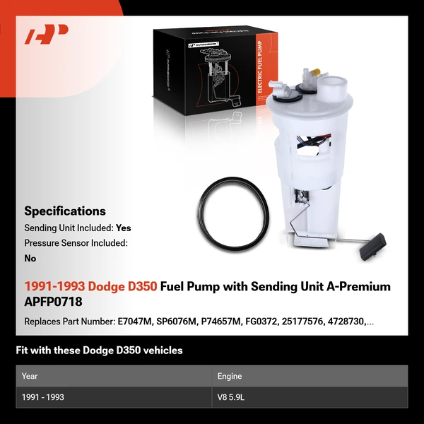 1991-1993 Dodge D350 Fuel Pump with Sending Unit A-Premium APFP0718