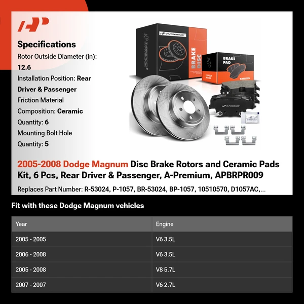 2005-2008 Dodge Magnum Disc Brake Rotors and Ceramic Pads Kit, 6 Pcs, Rear Driver & Passenger, A-Premium, APBRPR009