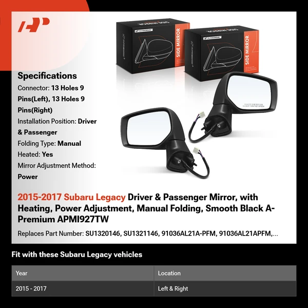 2015-2017 Subaru Legacy Driver & Passenger Mirror, with Heating, Power Adjustment, Manual Folding, Smooth Black A-Premium APMI927TW