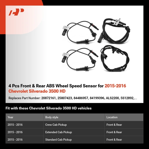 4 Pcs Front & Rear ABS Wheel Speed Sensor for 2015-2016 Chevrolet Silverado 3500 HD