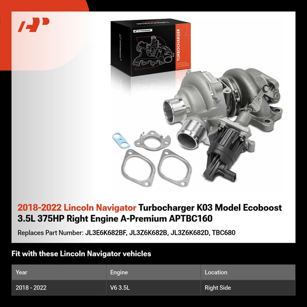 2018-2022 Lincoln Navigator Turbocharger K03 Model Ecoboost 3.5L 375HP Right Engine A-Premium APTBC160