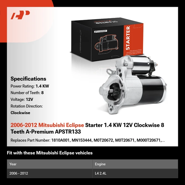 2006-2012 Mitsubishi Eclipse Starter 1.4 KW 12V Clockwise 8 Teeth A-Premium APSTR133