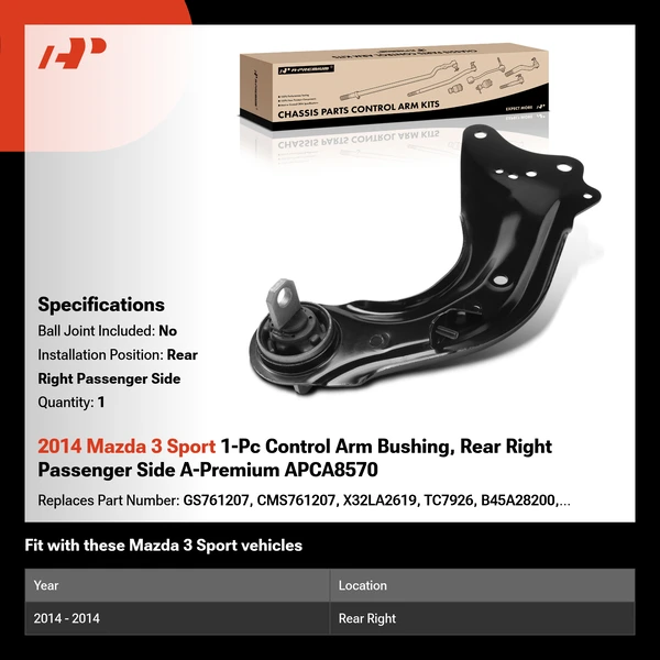 2014 Mazda 3 Sport 1-Pc Control Arm Bushing, Rear Right Passenger Side A-Premium APCA8570