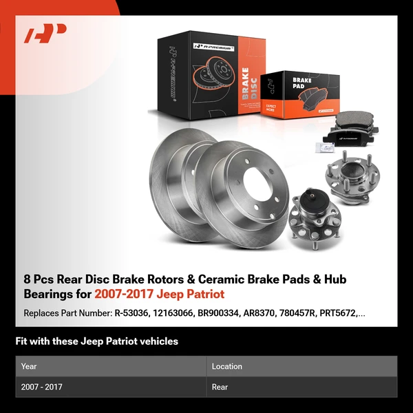 8 Pcs Rear Disc Brake Rotors & Ceramic Brake Pads & Hub Bearings for 2007-2017 Jeep Patriot