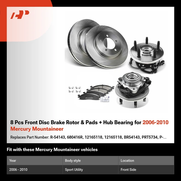 8 Pcs Front Disc Brake Rotor & Pads + Hub Bearing for 2006-2010 Mercury Mountaineer