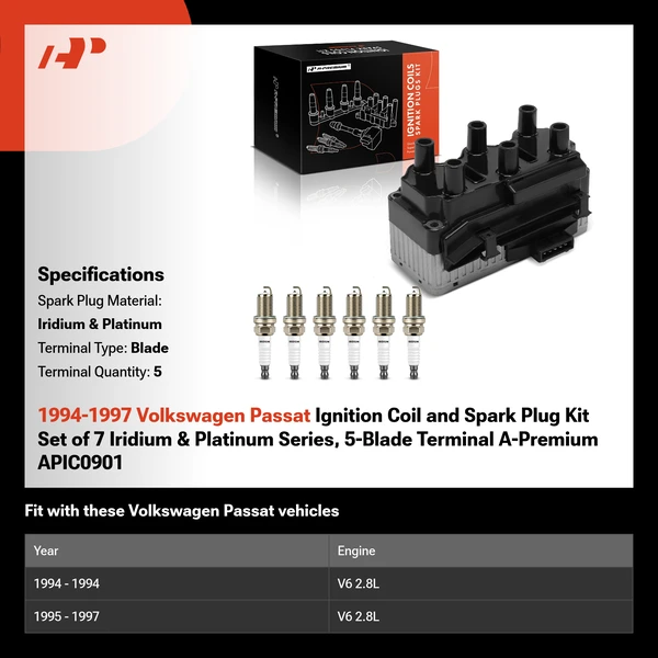 1994-1997 Volkswagen Passat Ignition Coil and Spark Plug Kit Set of 7 Iridium & Platinum Series, 5-Blade Terminal A-Premium APIC0901