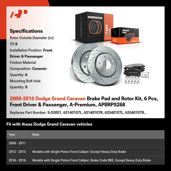 2008-2016 Dodge Grand Caravan Brake Pad and Rotor Kit, 6 Pcs, Front Driver & Passenger, A-Premium, APBRPS268