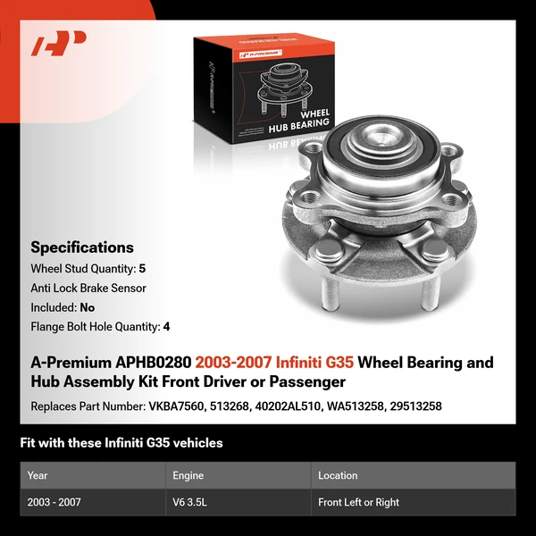 A-Premium APHB0280 2003-2007 Infiniti G35 Wheel Bearing and Hub Assembly Kit Front Driver or Passenger
