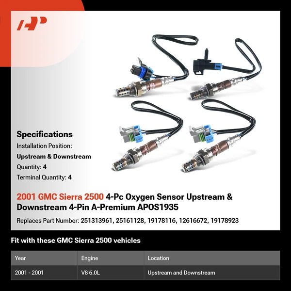 2001 GMC Sierra 2500 4-Pc Oxygen Sensor Upstream & Downstream 4-Pin A-Premium APOS1935