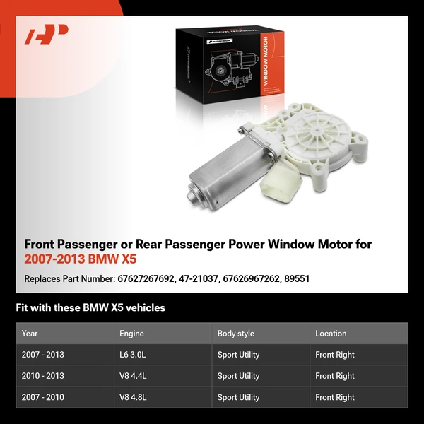 Front Passenger or Rear Passenger Power Window Motor for 2007-2013 BMW X5