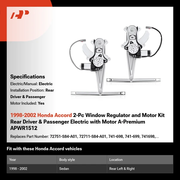 1998-2002 Honda Accord 2-Pc Window Regulator and Motor Kit Rear Driver & Passenger Electric with Motor A-Premium APWR1512