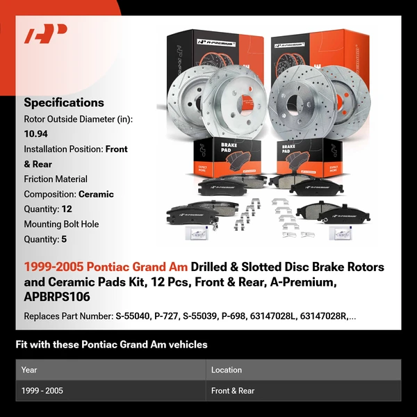 1999-2005 Pontiac Grand Am Drilled & Slotted Disc Brake Rotors and Ceramic Pads Kit, 12 Pcs, Front & Rear, A-Premium, APBRPS106