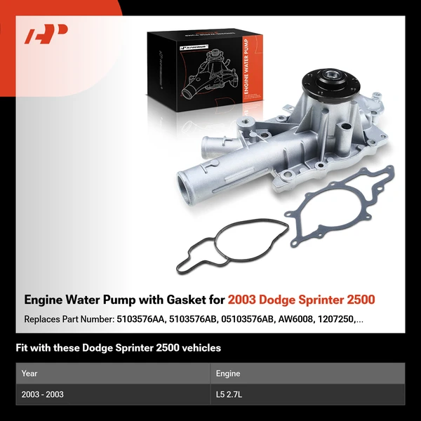 Engine Water Pump with Gasket for 2003 Dodge Sprinter 2500