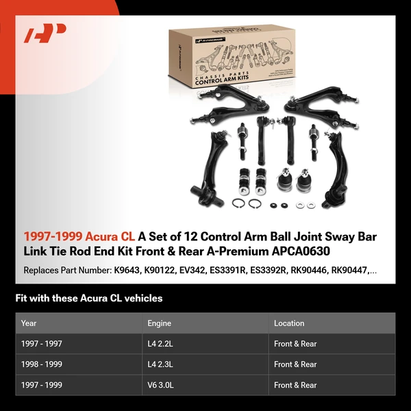 1997-1999 Acura CL A Set of 12 Control Arm Ball Joint Sway Bar Link Tie Rod End Kit Front & Rear A-Premium APCA0630