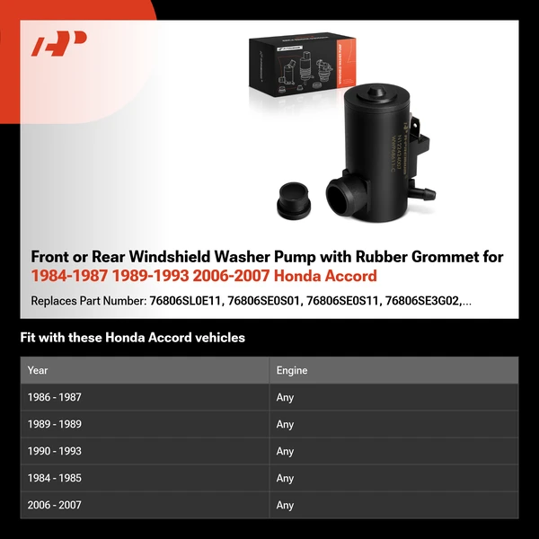 Front or Rear Windshield Washer Pump with Rubber Grommet for 1984-1987 1989-1993 2006-2007 Honda Accord