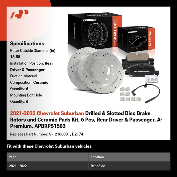 2021-2022 Chevrolet Suburban Drilled & Slotted Disc Brake Rotors and Ceramic Pads Kit, 6 Pcs, Rear Driver & Passenger, A-Premium, APBRPS1503