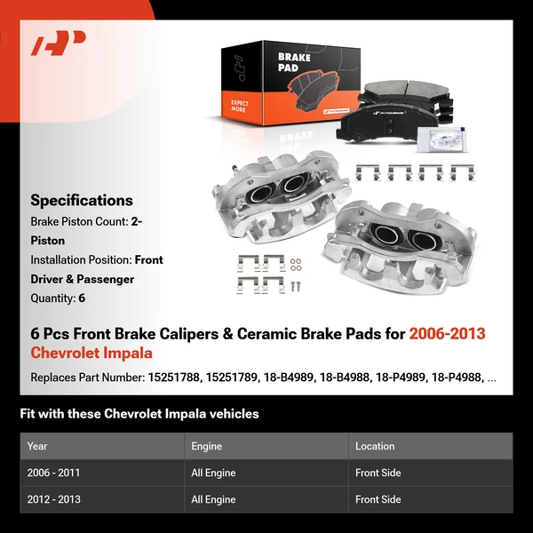 6 Pcs Front Brake Calipers & Ceramic Brake Pads for 2006-2013 Chevrolet Impala