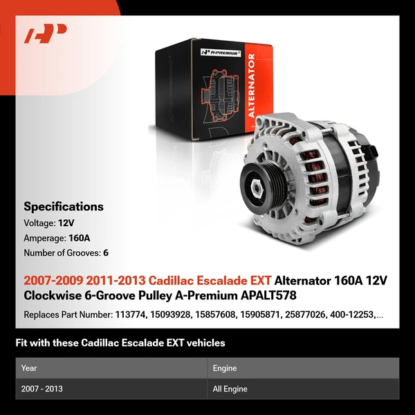 2007-2009 2011-2013 Cadillac Escalade EXT Alternator 160A 12V Clockwise 6-Groove Pulley A-Premium APALT578