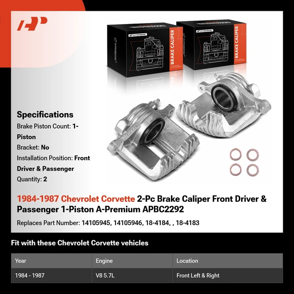 1984-1987 Chevrolet Corvette 2-Pc Brake Caliper Front Driver & Passenger 1-Piston A-Premium APBC2292