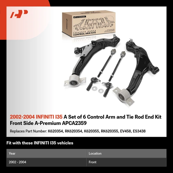 2002-2004 INFINITI I35 A Set of 6 Control Arm and Tie Rod End Kit Front Side A-Premium APCA2359