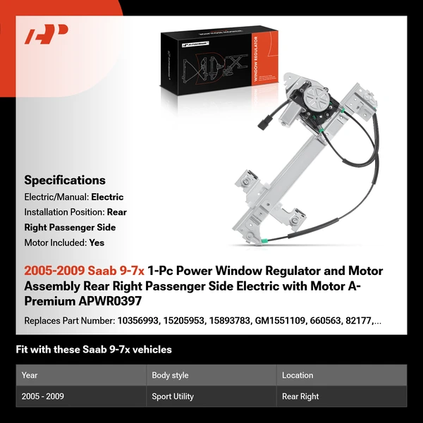 2005-2009 Saab 9-7x 1-Pc Power Window Regulator and Motor Assembly Rear Right Passenger Side Electric with Motor A-Premium APWR0397