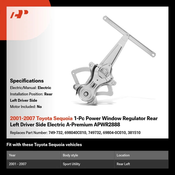 2001-2007 Toyota Sequoia 1-Pc Power Window Regulator Rear Left Driver Side Electric A-Premium APWR2888