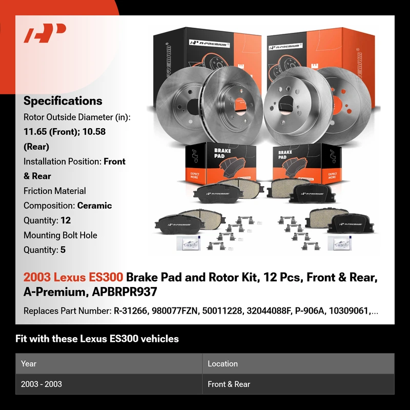 2003 Lexus ES300 Brake Pad and Rotor Kit, 12 Pcs, Front & Rear, A-Premium, APBRPR937