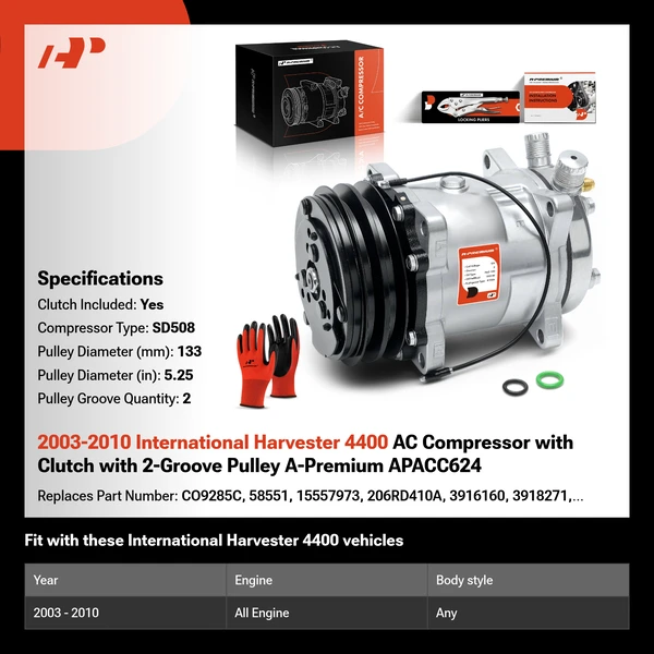 2003-2010 International Harvester 4400 AC Compressor with Clutch with 2-Groove Pulley A-Premium APACC624