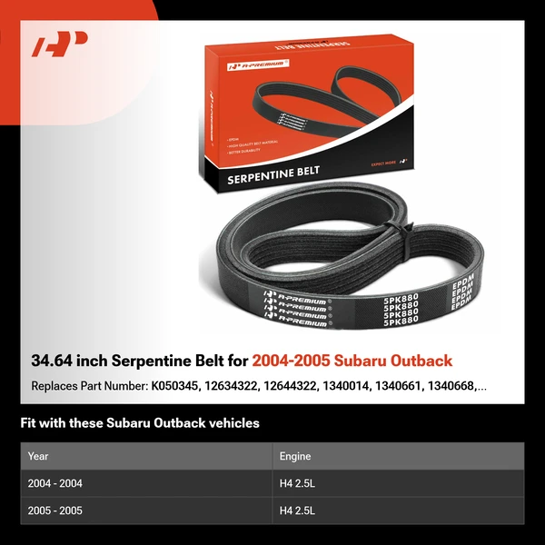 34.64 inch Serpentine Belt for 2004-2005 Subaru Outback