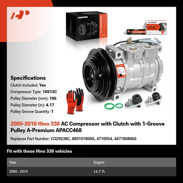 2005-2010 Hino 338 AC Compressor with Clutch with 1-Groove Pulley A-Premium APACC468