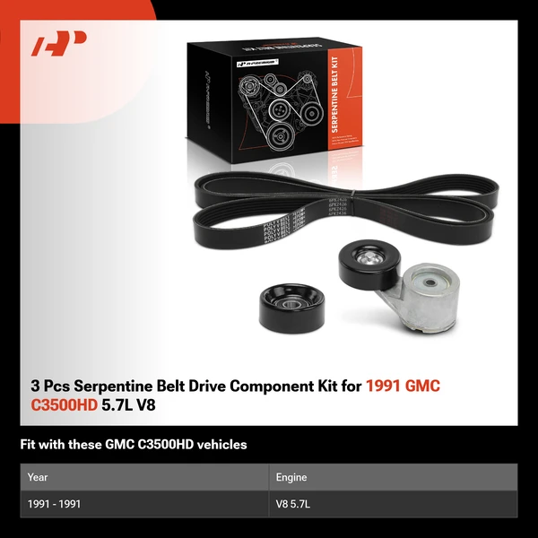 3 Pcs Serpentine Belt Drive Component Kit for 1991 GMC C3500HD 5.7L V8