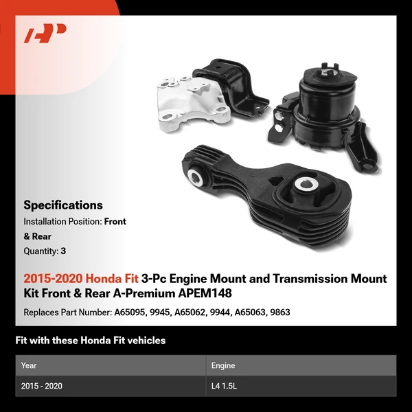 2015-2020 Honda Fit 3-Pc Engine Mount and Transmission Mount Kit Front & Rear A-Premium APEM148