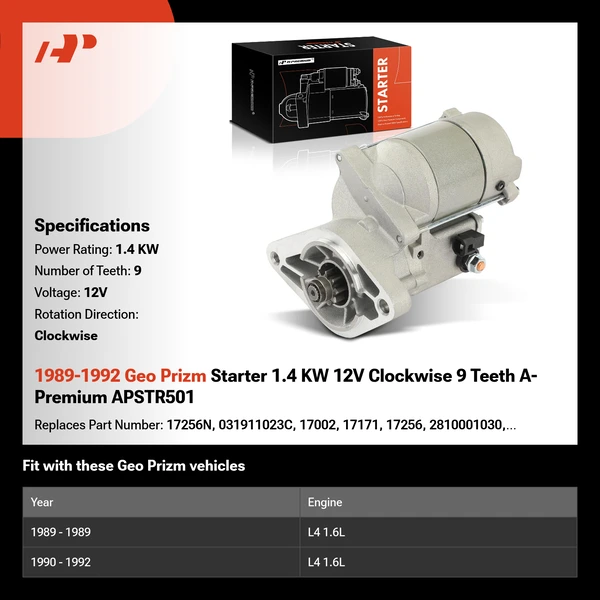1989-1992 Geo Prizm Starter 1.4 KW 12V Clockwise 9 Teeth A-Premium APSTR501
