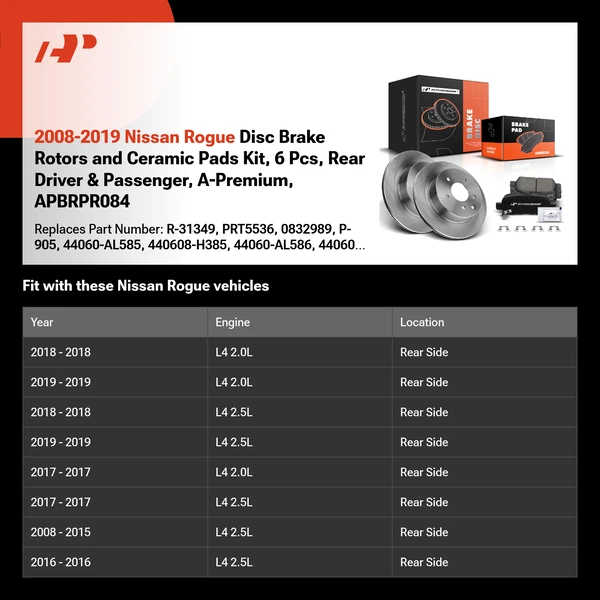 2008-2019 Nissan Rogue Disc Brake Rotors and Ceramic Pads Kit, 6 Pcs, Rear Driver & Passenger, A-Premium, APBRPR084