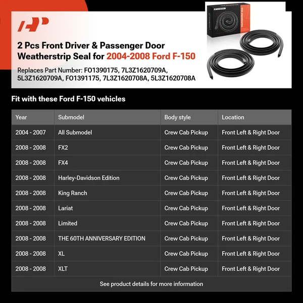 2 Pcs Front Driver & Passenger Door Weatherstrip Seal for 2004-2008 Ford F-150