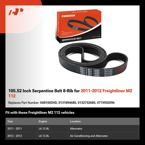 105.52 Inch Serpentine Belt 8-Rib for 2011-2012 Freightliner M2 112