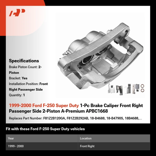 1999-2000 Ford F-250 Super Duty 1-Pc Brake Caliper Front Right Passenger Side 2-Piston A-Premium APBC1668