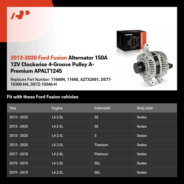 2013-2020 Ford Fusion Alternator 150A 12V Clockwise 4-Groove Pulley A-Premium APALT1245