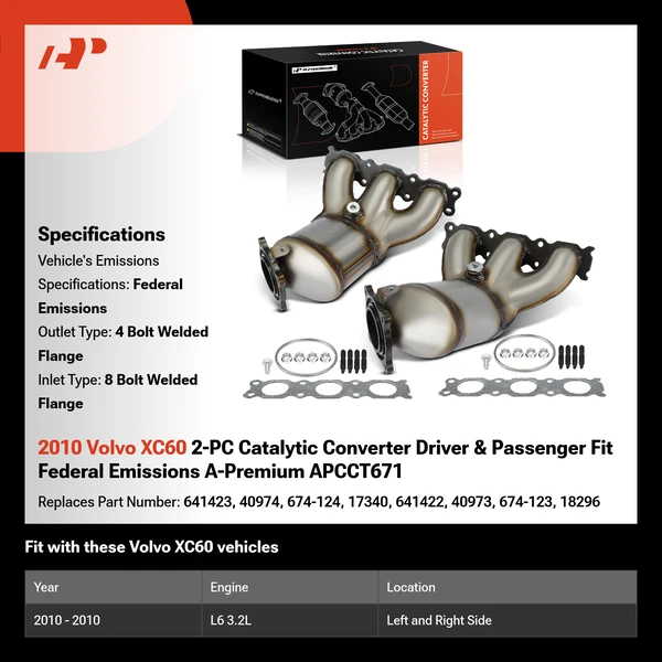 2010 Volvo XC60 2-PC Catalytic Converter Driver & Passenger Fit Federal Emissions A-Premium APCCT671