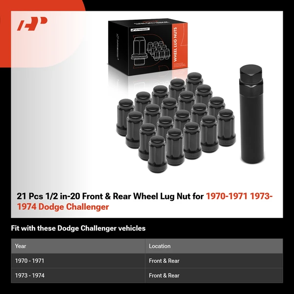 21 Pcs 1/2 in-20 Front & Rear Wheel Lug Nut for 1970-1971 1973-1974 Dodge Challenger