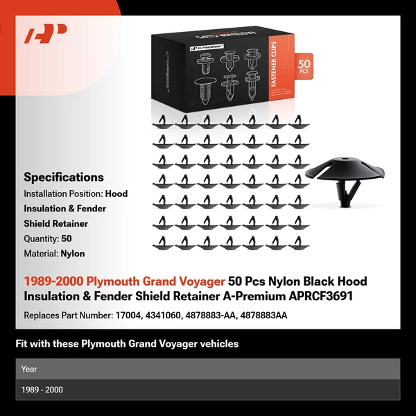 1989-2000 Plymouth Grand Voyager 50 Pcs Nylon Black Hood Insulation & Fender Shield Retainer A-Premium APRCF3691