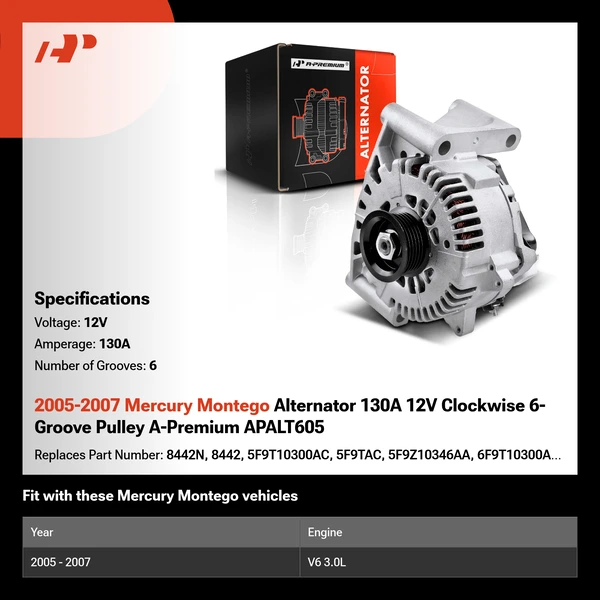 2005-2007 Mercury Montego Alternator 130A 12V Clockwise 6-Groove Pulley A-Premium APALT605